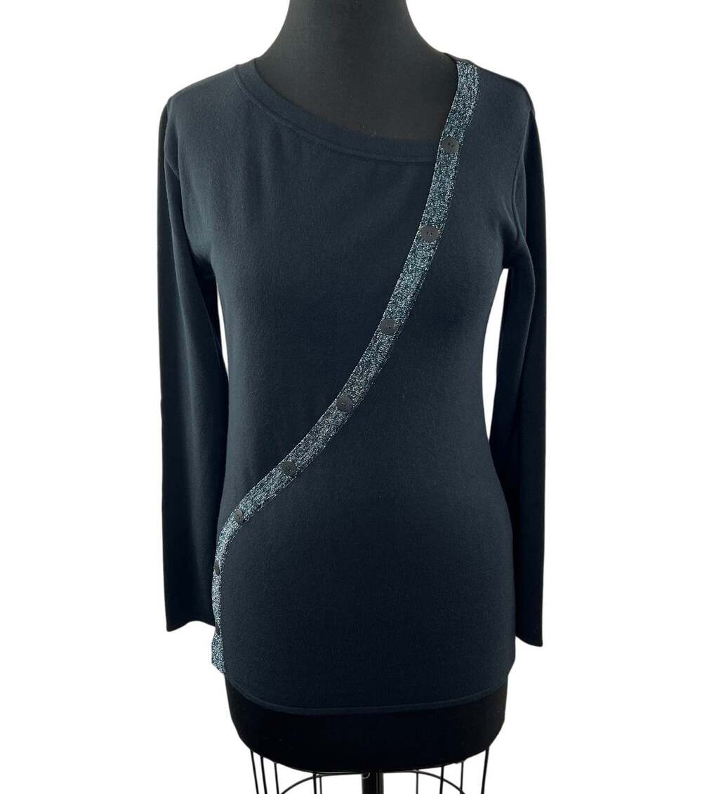 Sarah Pacini Metallic Knit Pullover Top Black Asymmetric Neck Long Sleeve Size ?